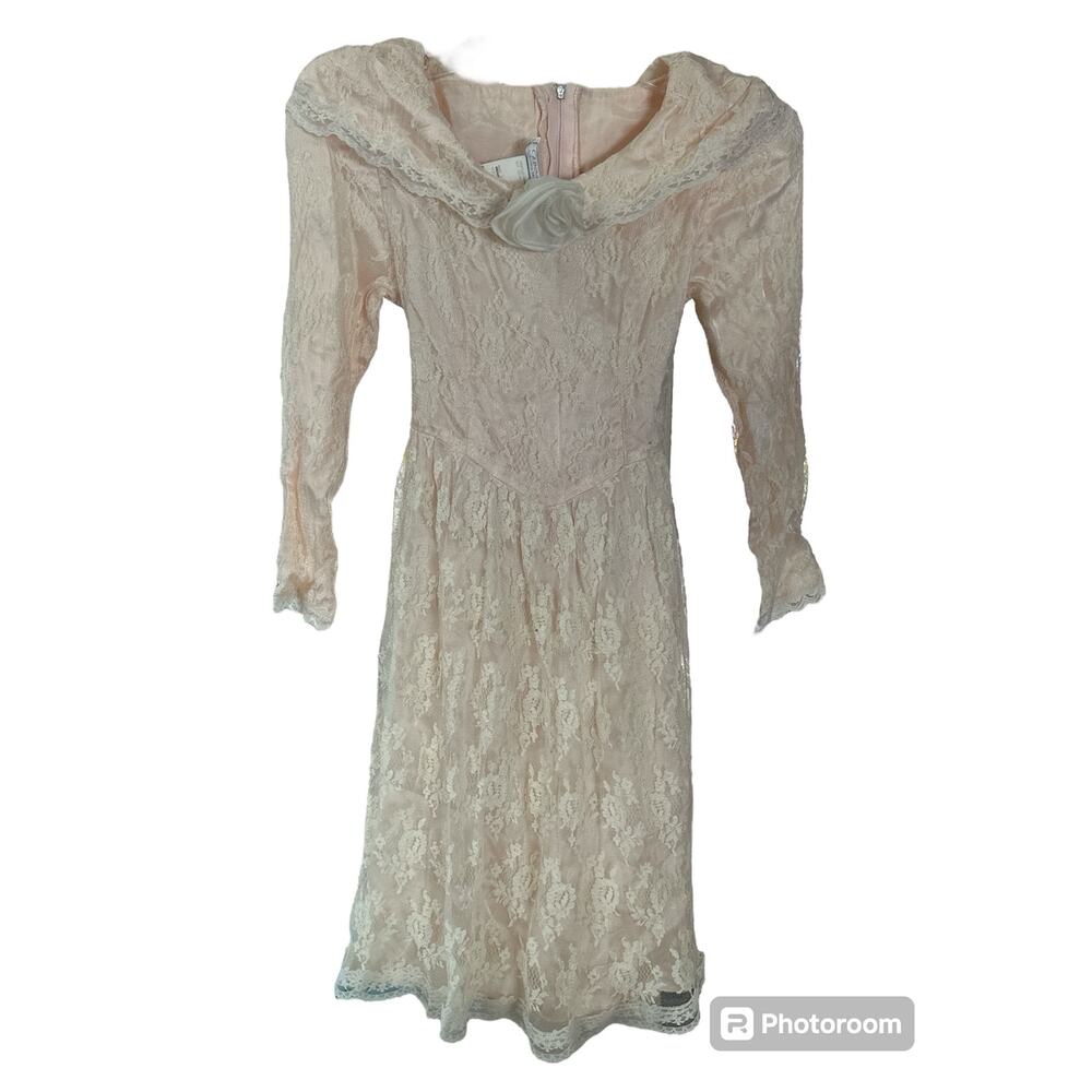 Vintage Gunne Sax Jessica McClintock Pink and white lace midi dress size 8